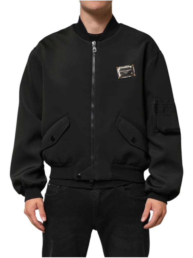 Black Polyester Logo Plaque Bomber Jacket