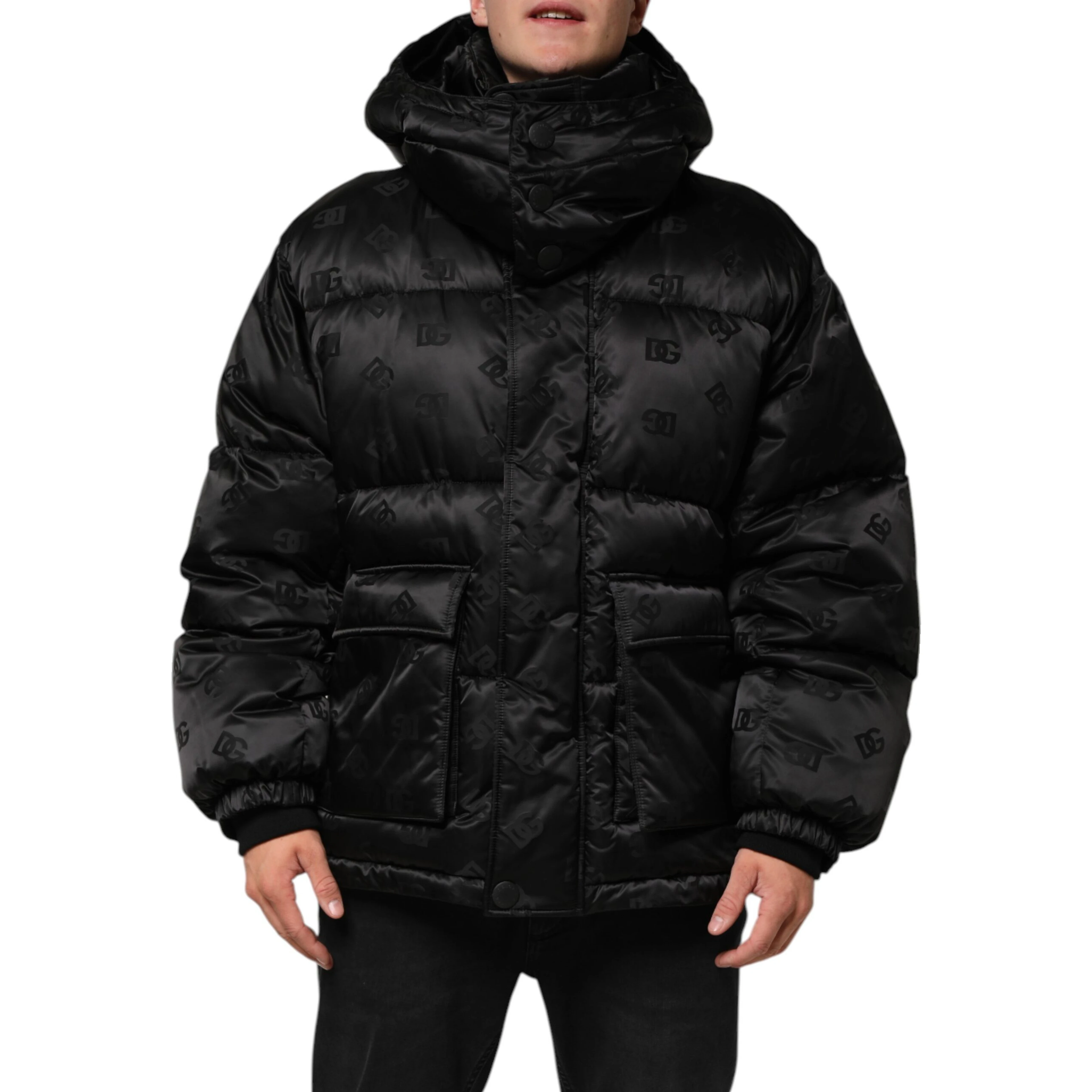 Black Monogram Logo Puffer Nylon Hooded Jacket