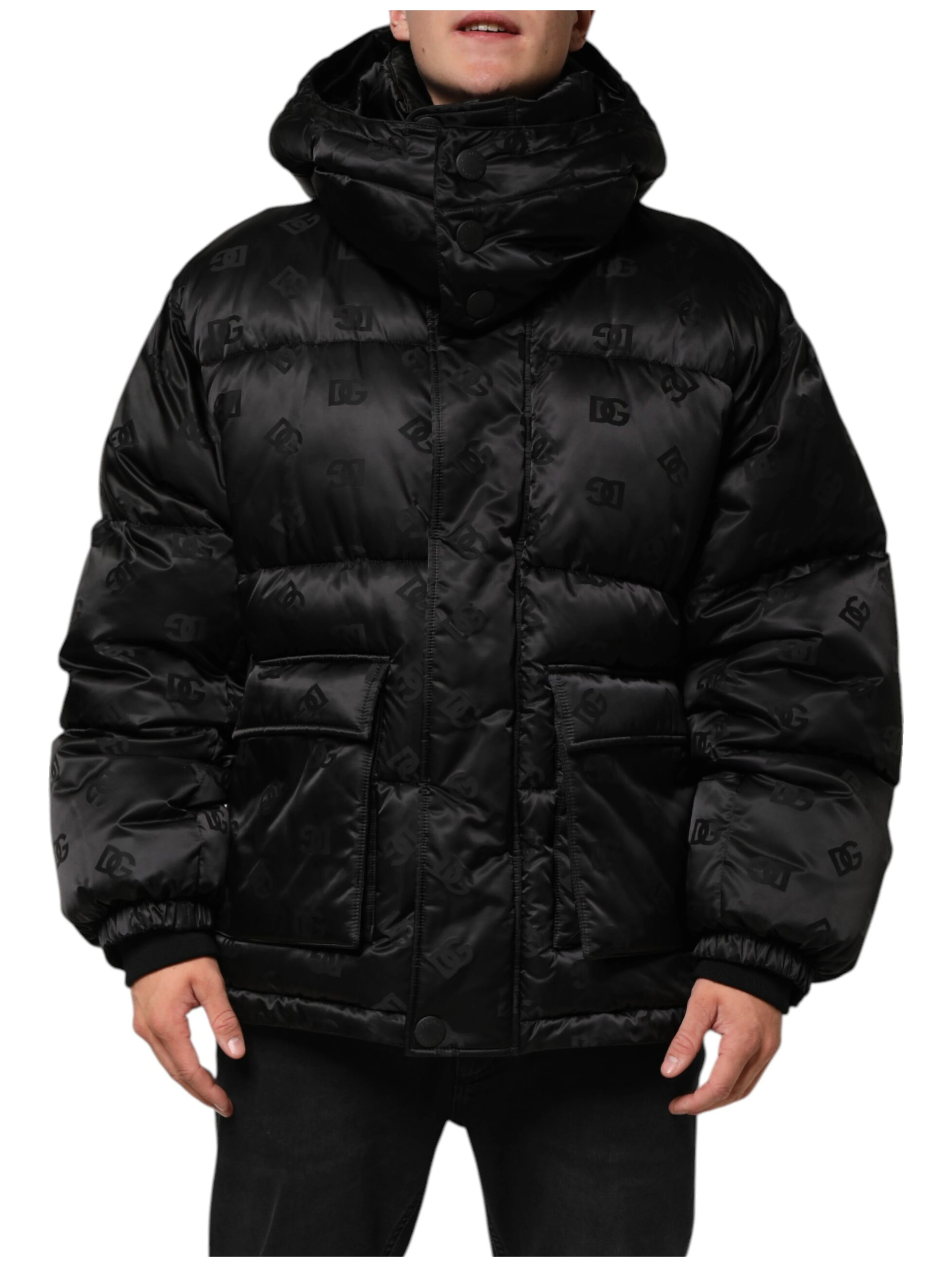 Black Monogram Logo Puffer Nylon Hooded Jacket