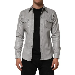 Gray Coated Cotton Snap Button Logo Men Shirt