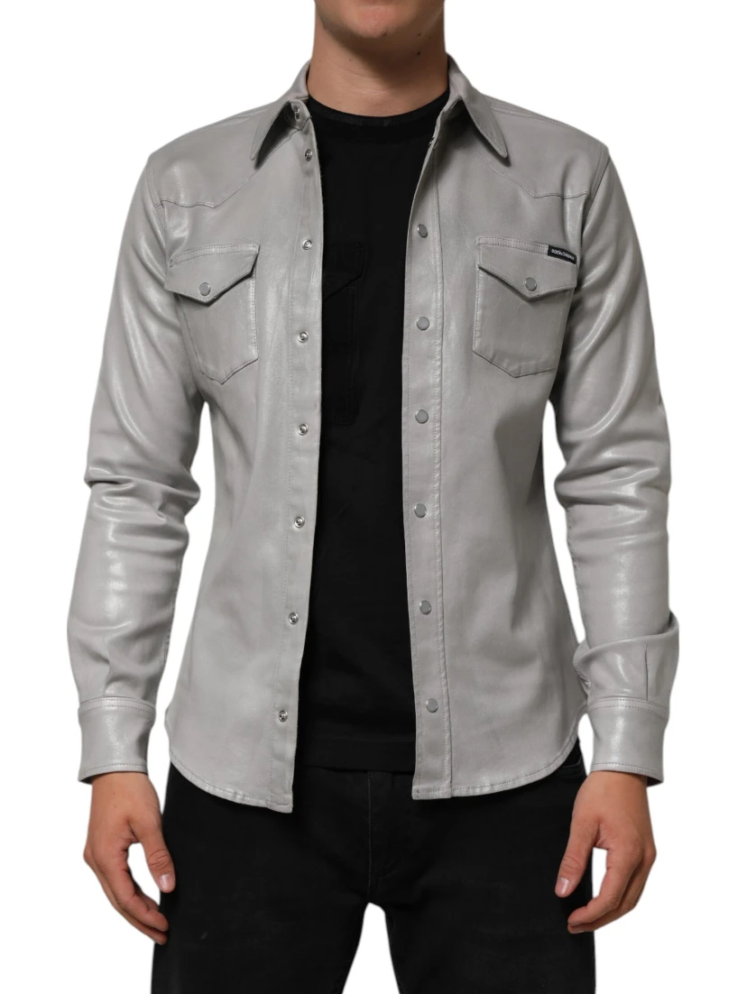 Gray Coated Cotton Snap Button Logo Men Shirt