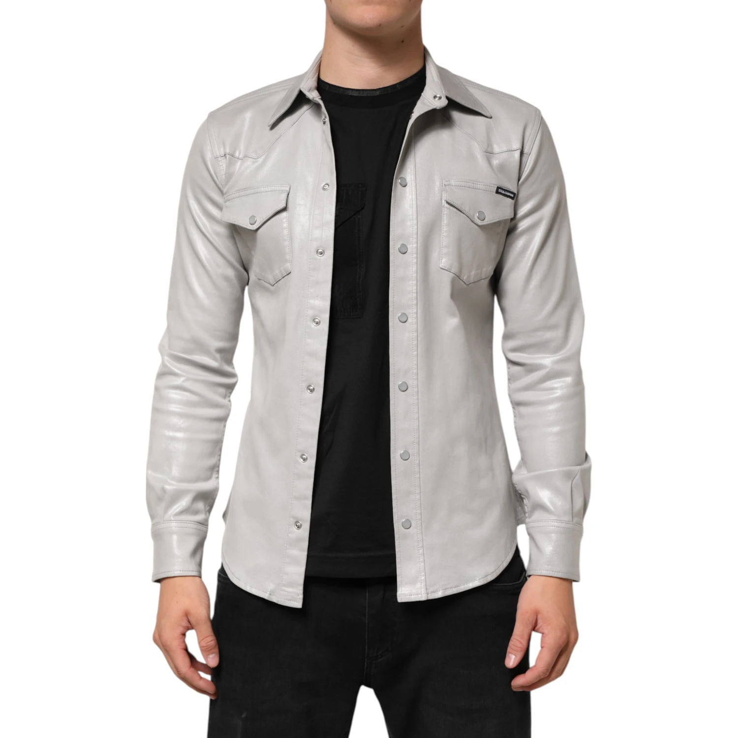 Metallic Gray Cotton Button Down Men Shirt
