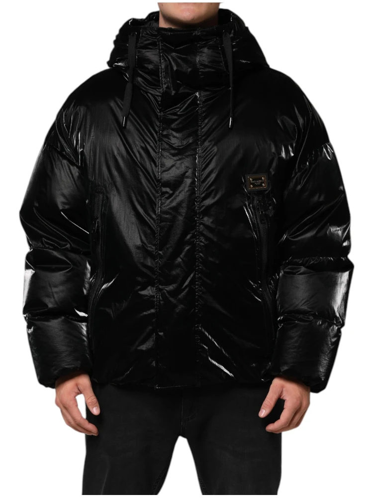 Black Logo Full Zip Hooded Quilted Jacket
