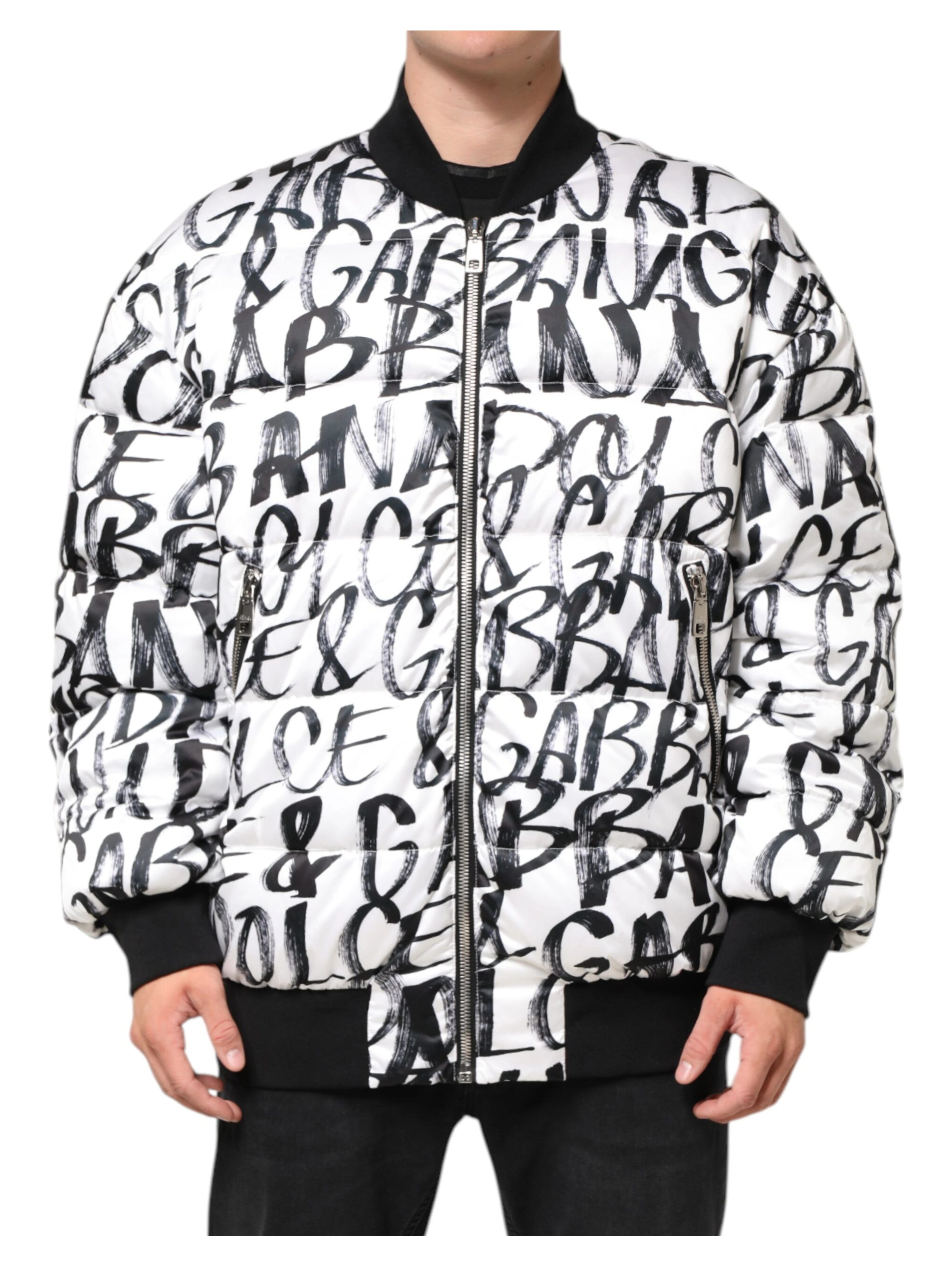 White Black Graffiti Logo Puffer Bomber Jacket