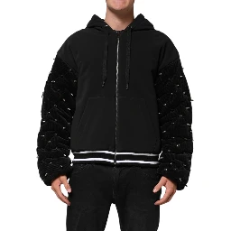 Black Cotton Quilted Studded Sleeve Hoodie Jacket