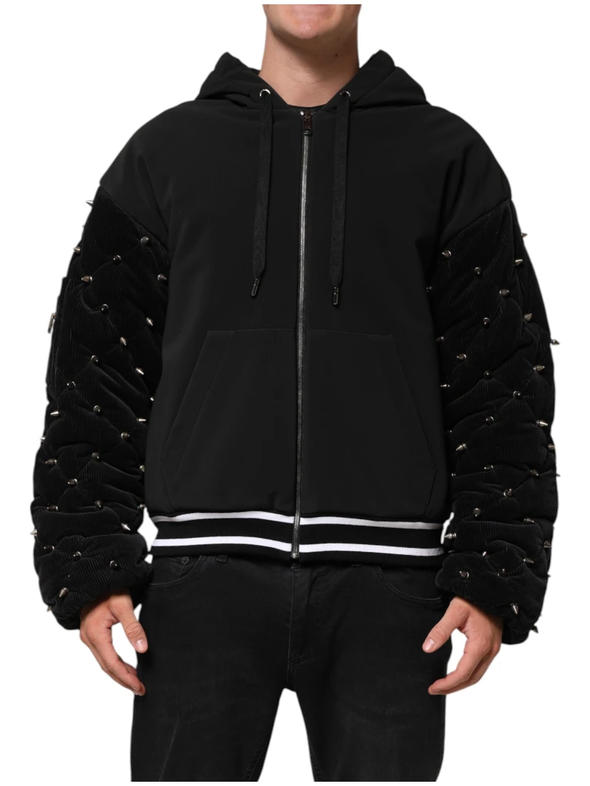Black Cotton Quilted Studded Sleeve Hoodie Jacket