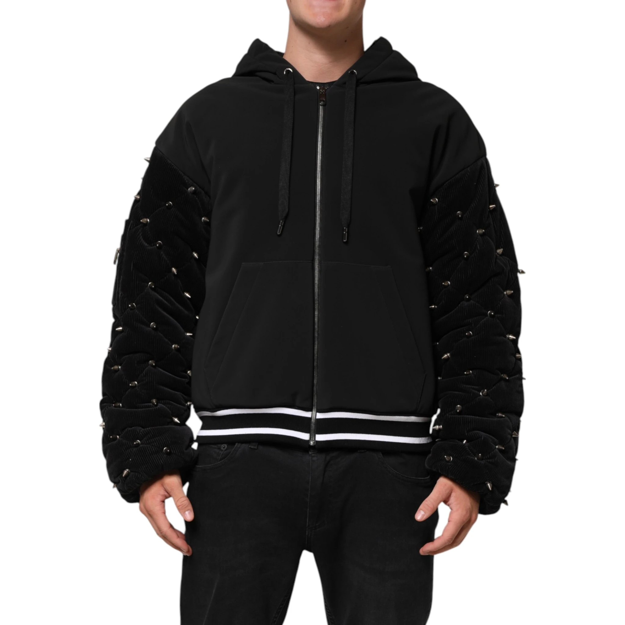 Black Cotton Quilted Studded Sleeve Hoodie Jacket