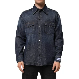 Blue Denim Button Casual Logo Patch Men Shirt
