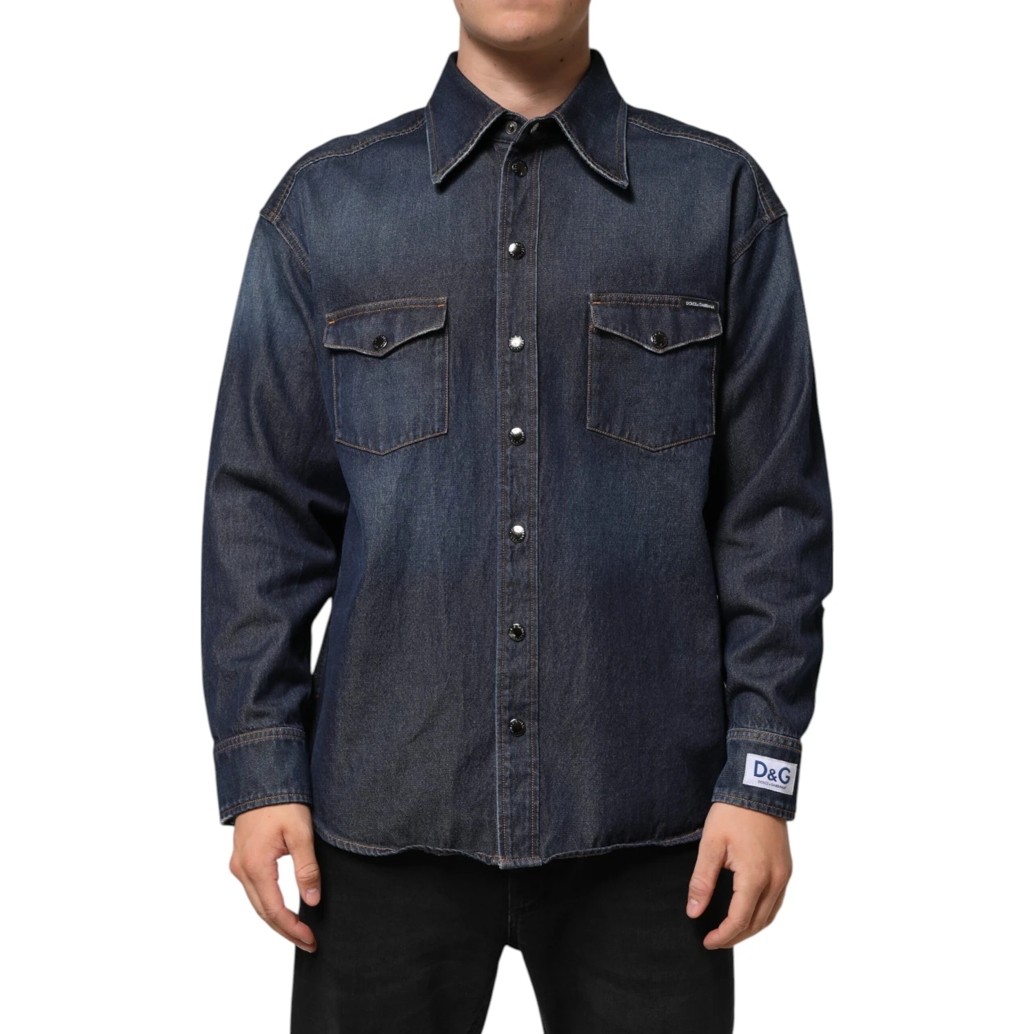 Blue Denim Button Casual Logo Patch Men Shirt