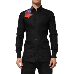 Black Cotton Star Sequin Dress Formal Men Shirt