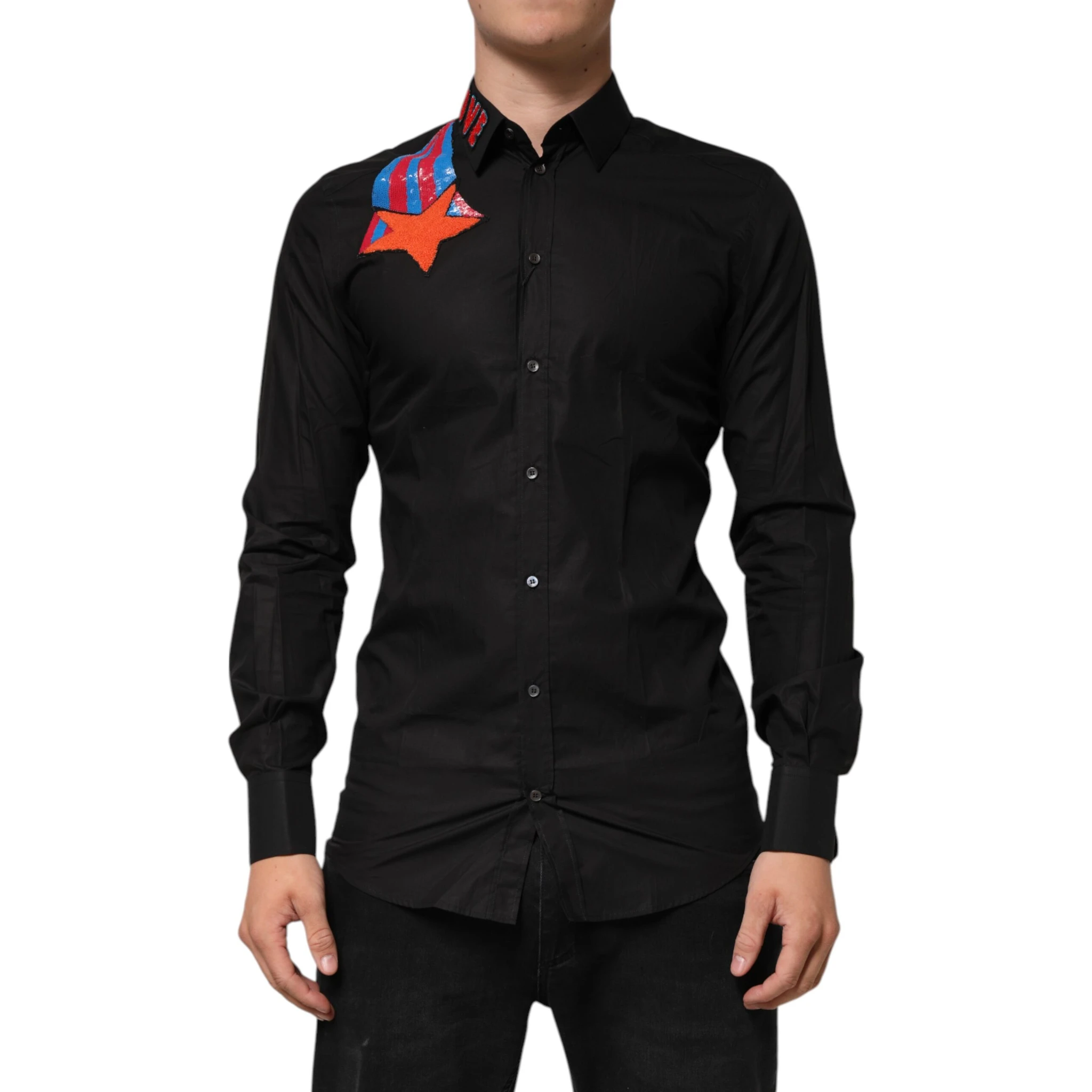 Black Cotton Star Sequin Dress Formal Men Shirt