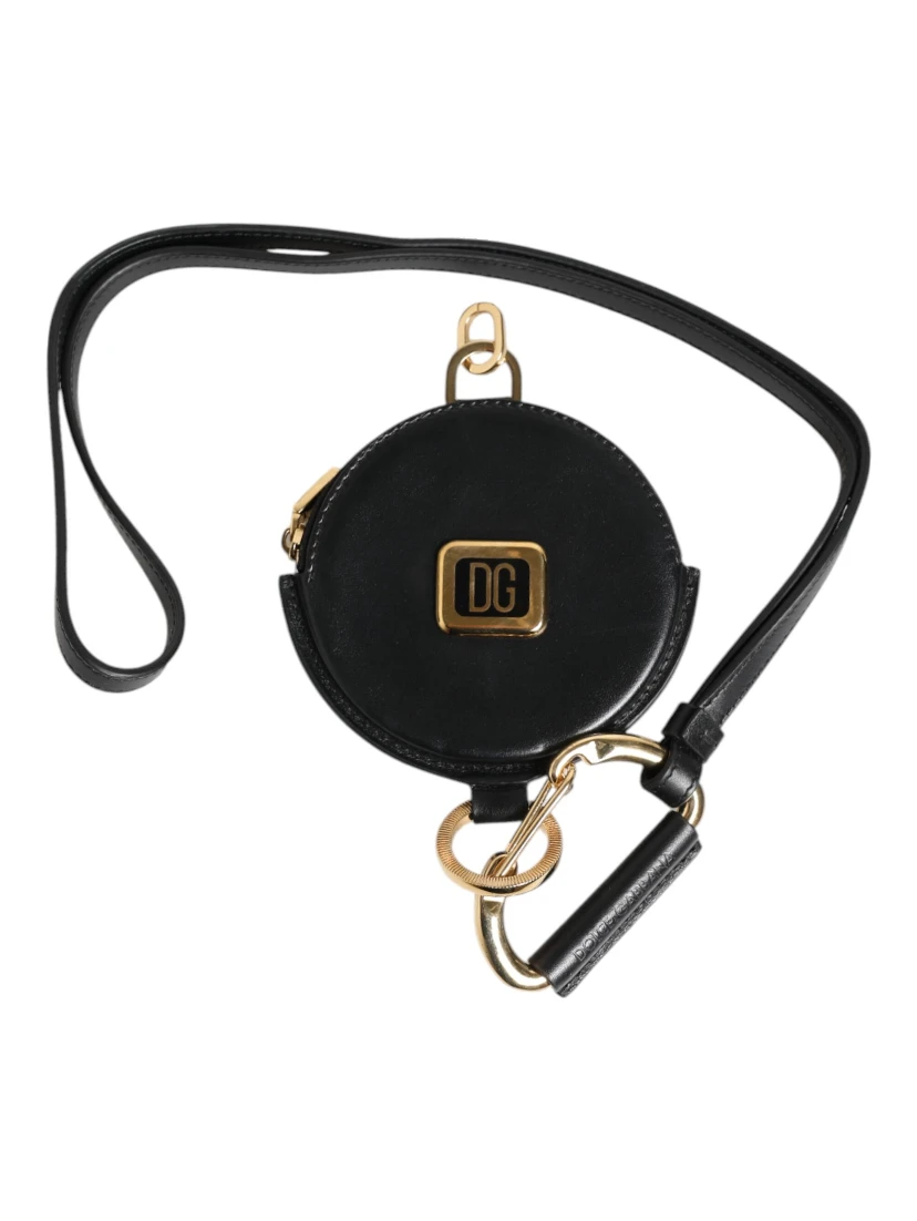Black Round Leather DG Logo Coin Purse Lanyard Wallet