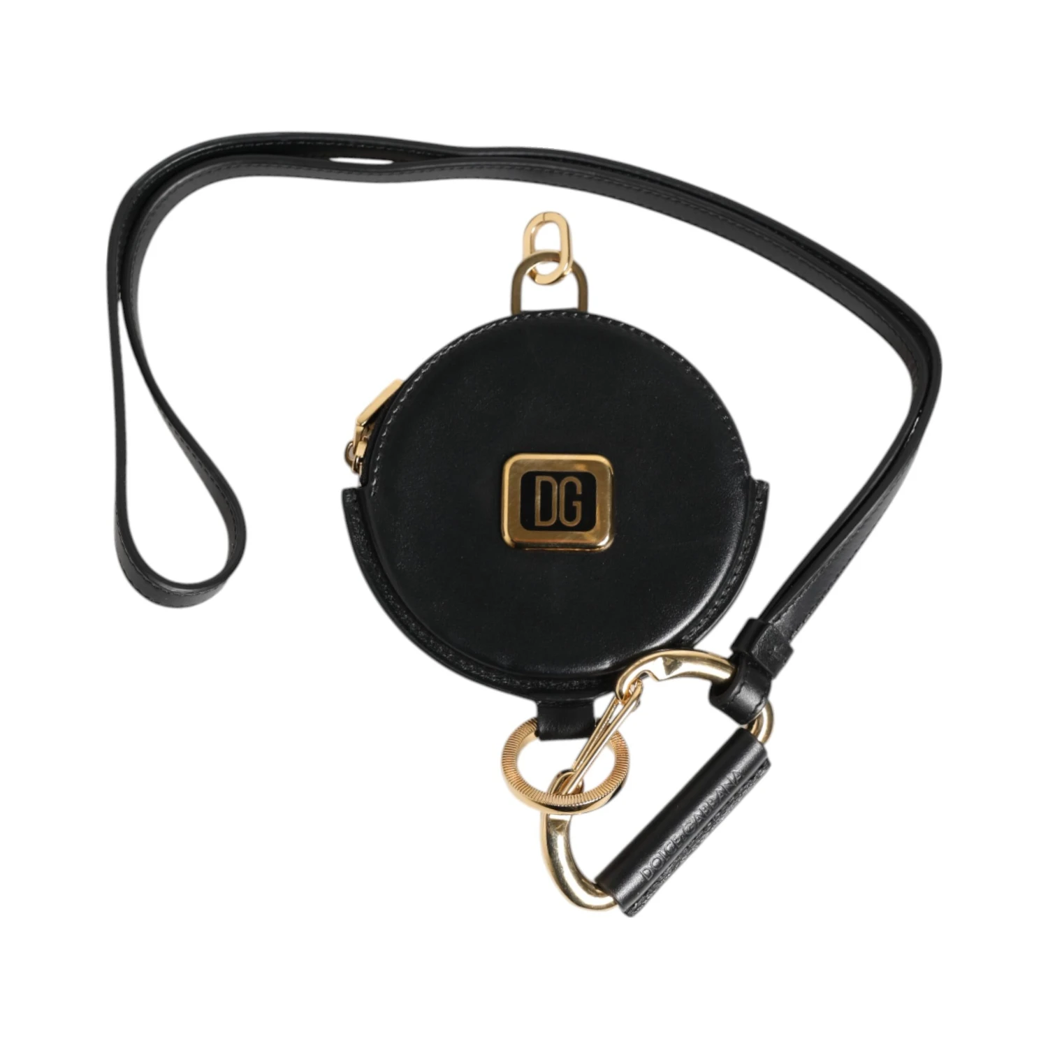 Black Round Leather DG Logo Coin Purse Lanyard Wallet