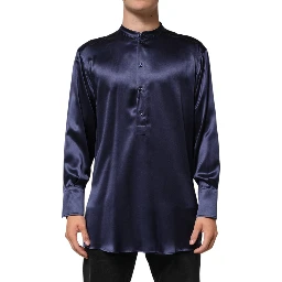 Navy Silk Long Sleeve Mandarin Collar Shirt