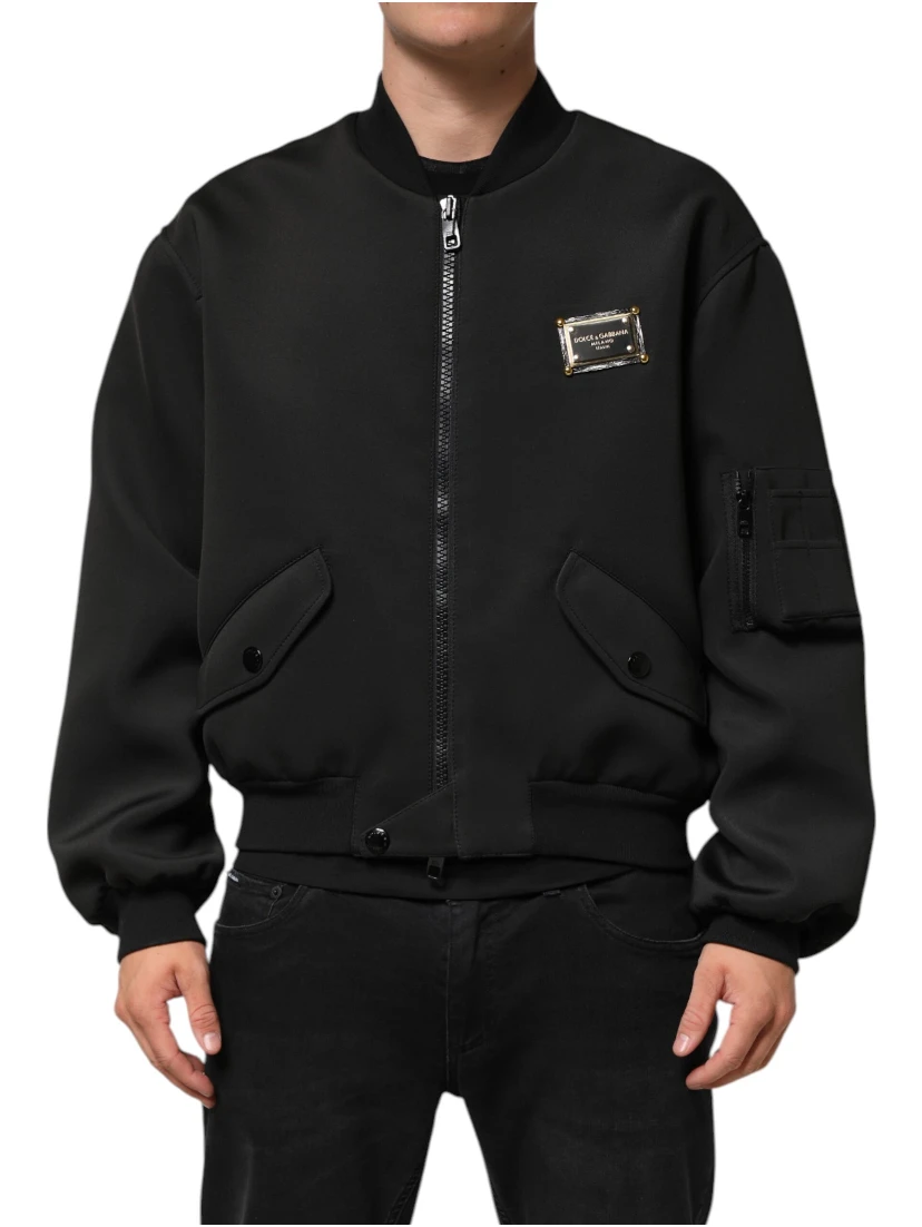 Black Polyester Logo Plaque Bomber Jacket