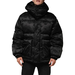 Black Monogram Logo Puffer Nylon Hooded Jacket