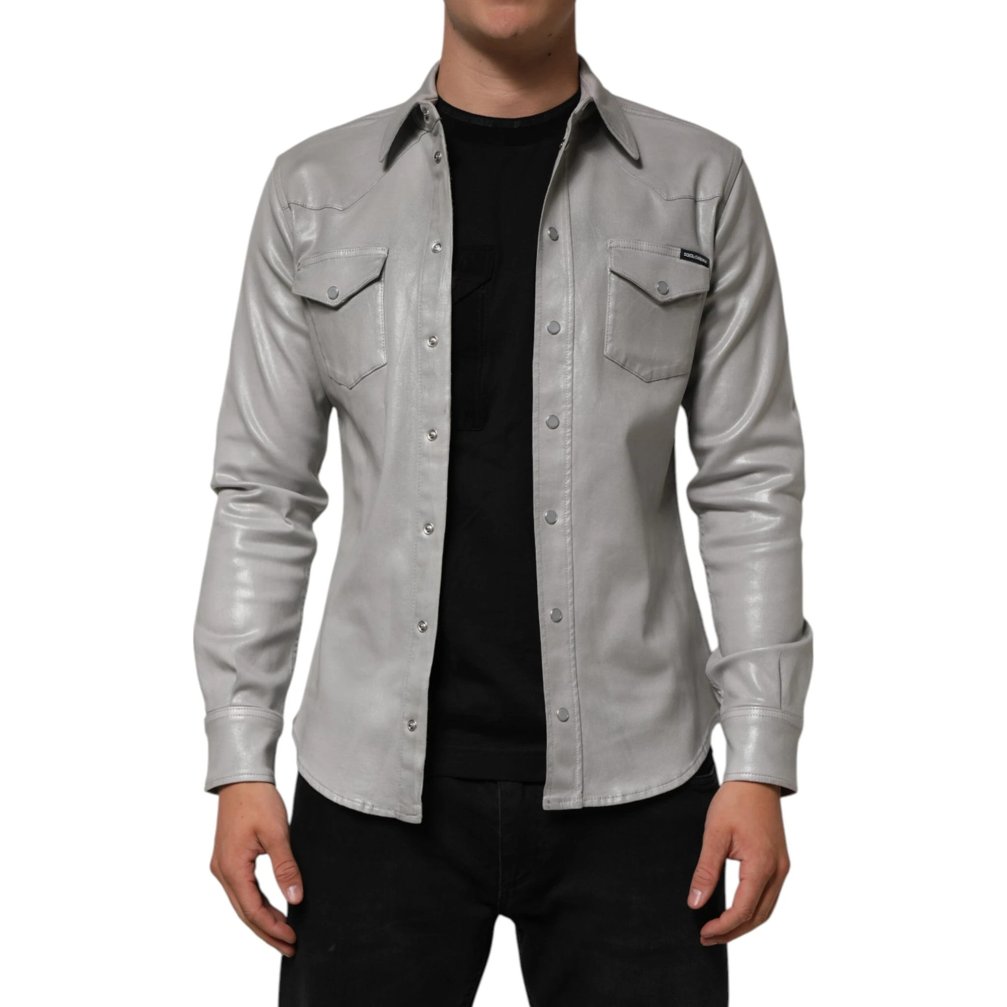 Gray Coated Cotton Snap Button Logo Men Shirt