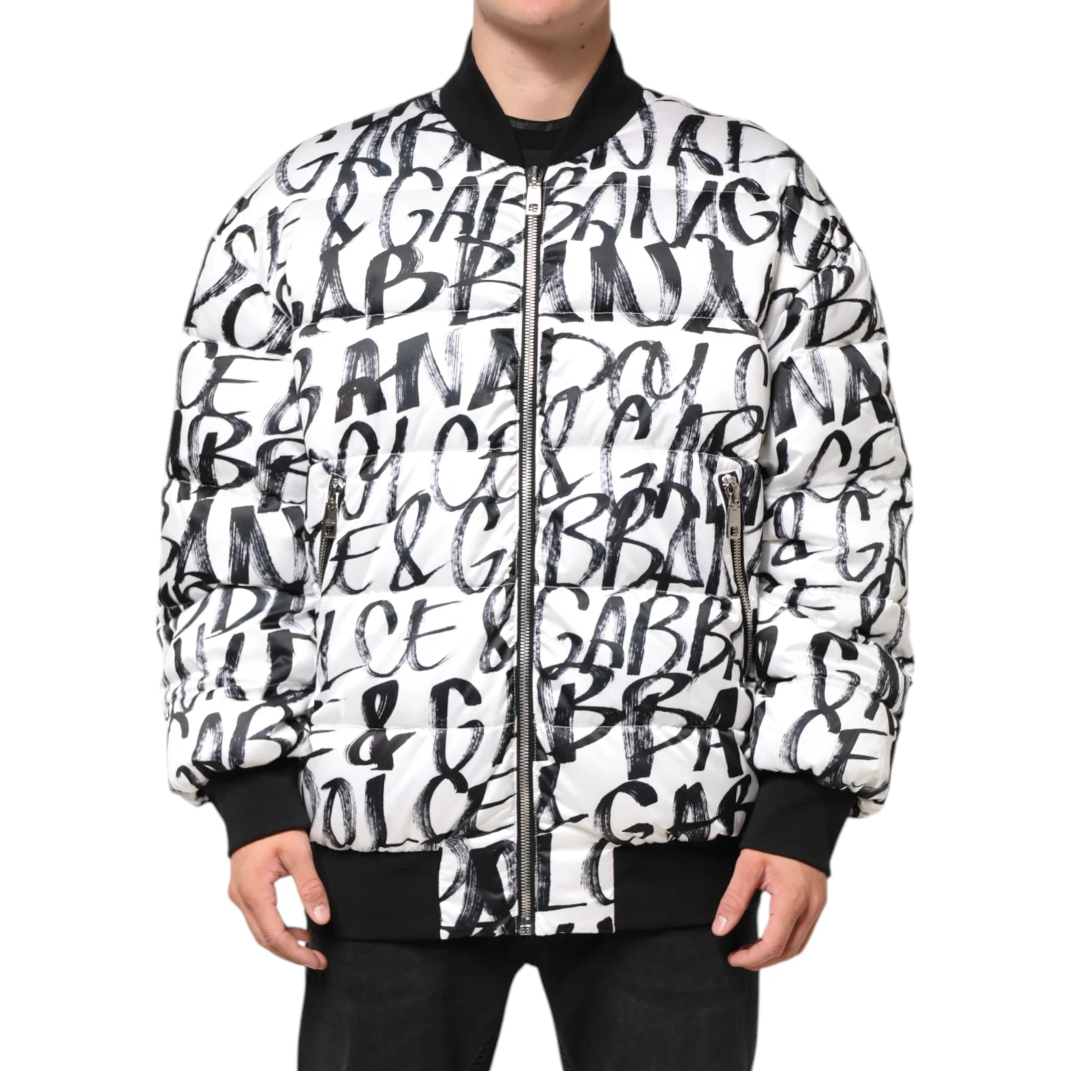 White Black Graffiti Logo Puffer Bomber Jacket