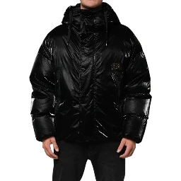 Black Logo Full Zip Hooded Quilted Jacket