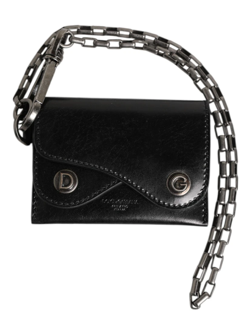 Black Cavallo Leather Wallet Chain Snap Bifold Card Holder