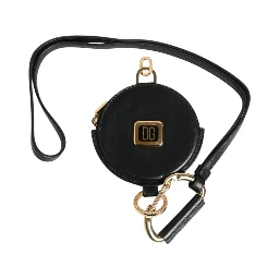 Black Round Leather DG Logo Coin Purse Lanyard Wallet