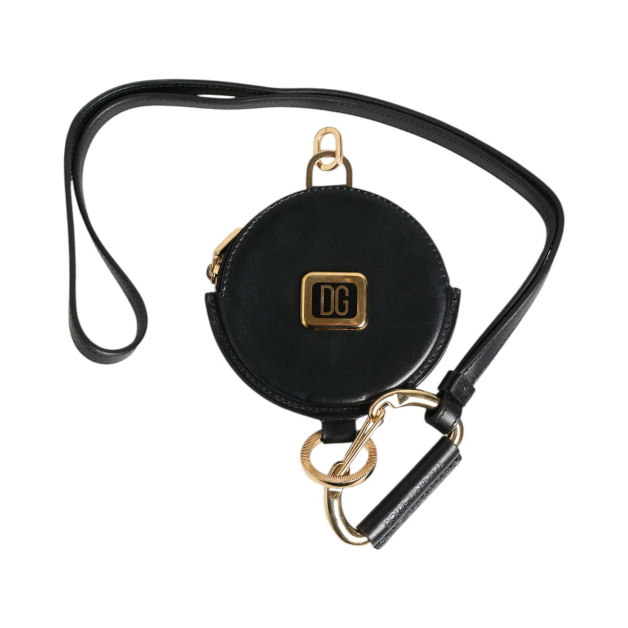 Black Round Leather DG Logo Coin Purse Lanyard Wallet