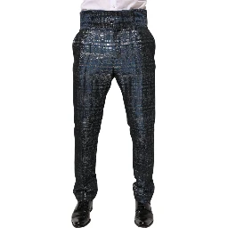Blue Silver Shiny Silk Skinny Men Trouser Pants