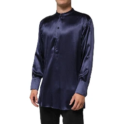 Navy Silk Long Sleeve Mandarin Collar Shirt