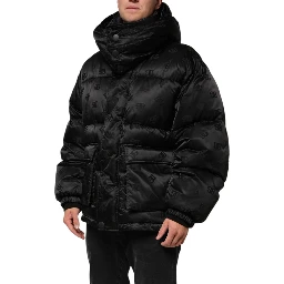 Black Monogram Logo Puffer Nylon Hooded Jacket