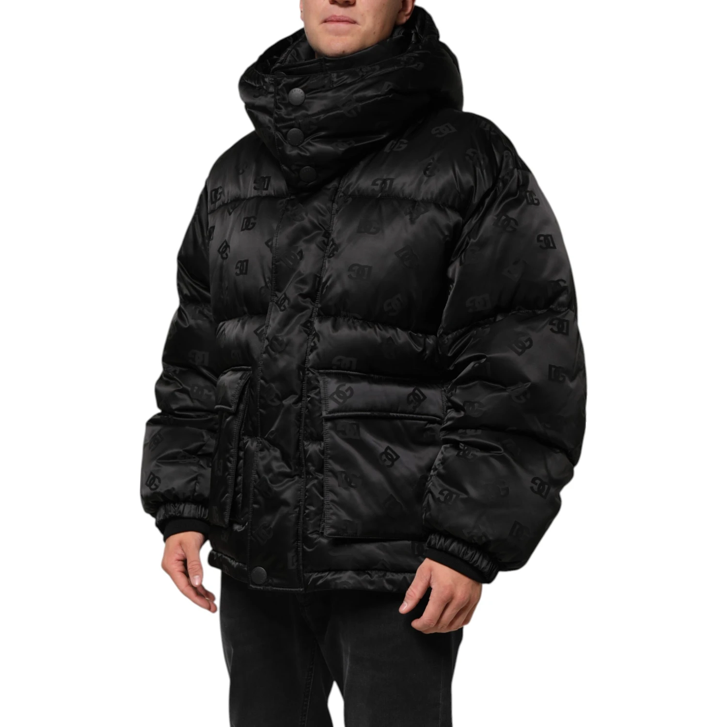 Black Monogram Logo Puffer Nylon Hooded Jacket