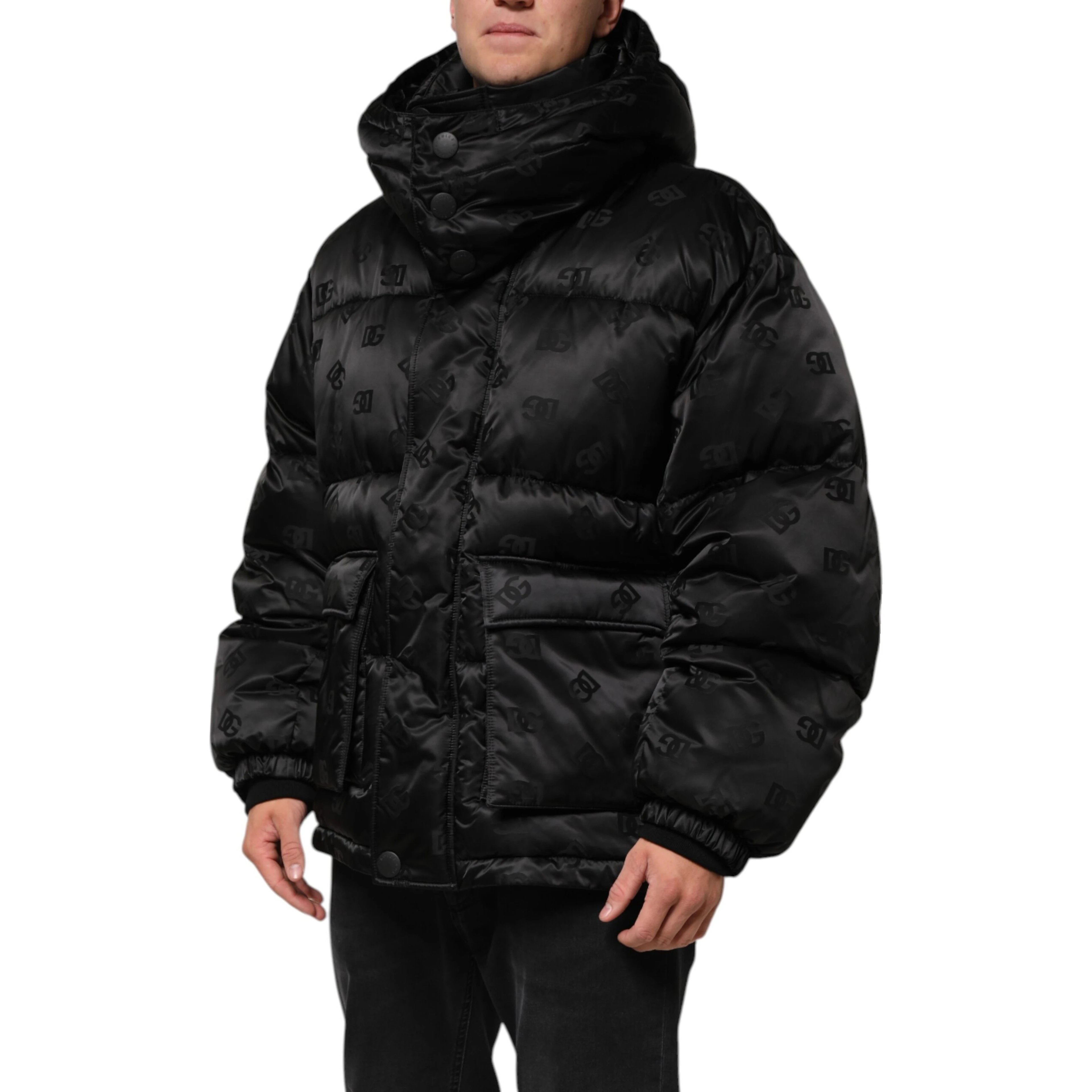 Black Monogram Logo Puffer Nylon Hooded Jacket