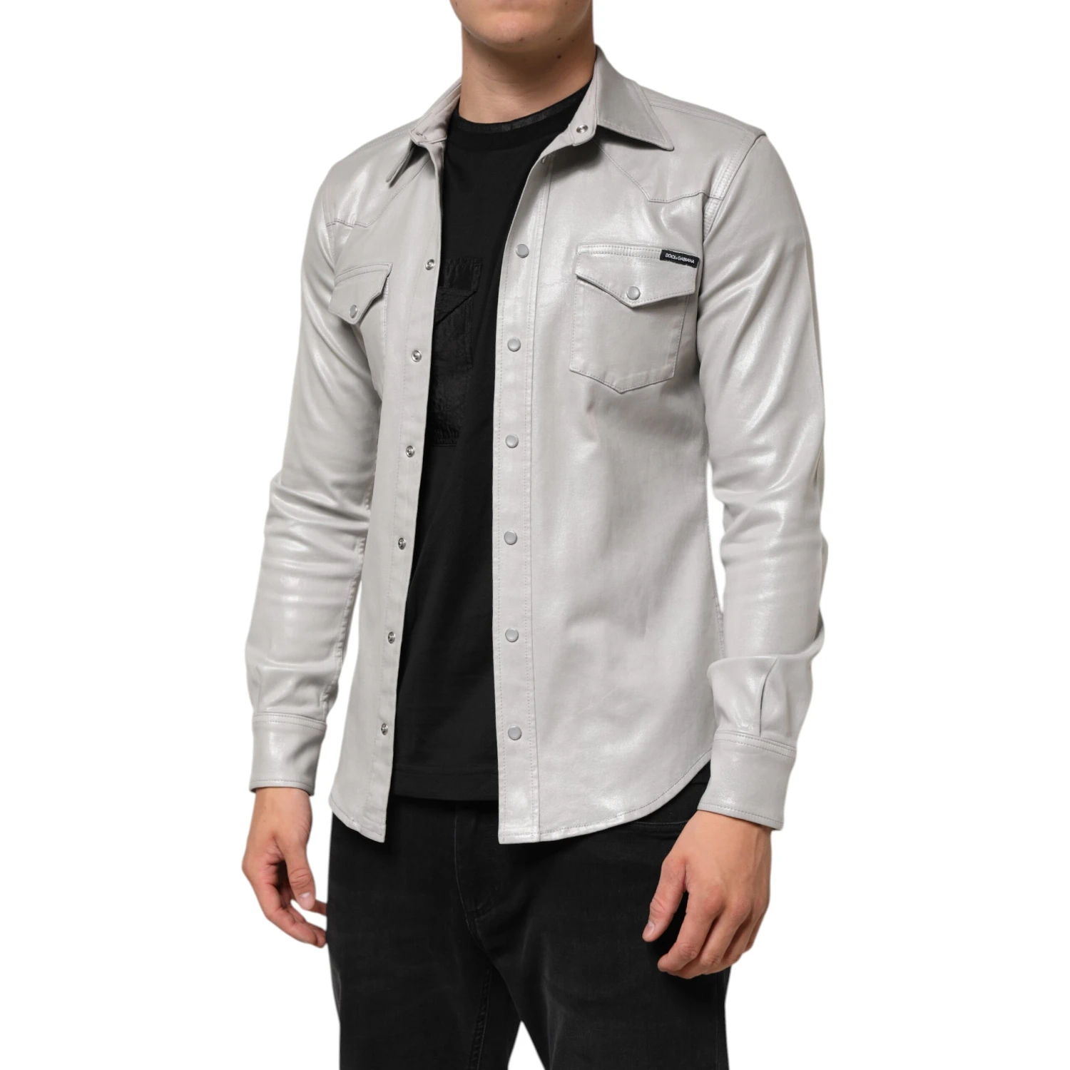 Metallic Gray Cotton Button Down Men Shirt