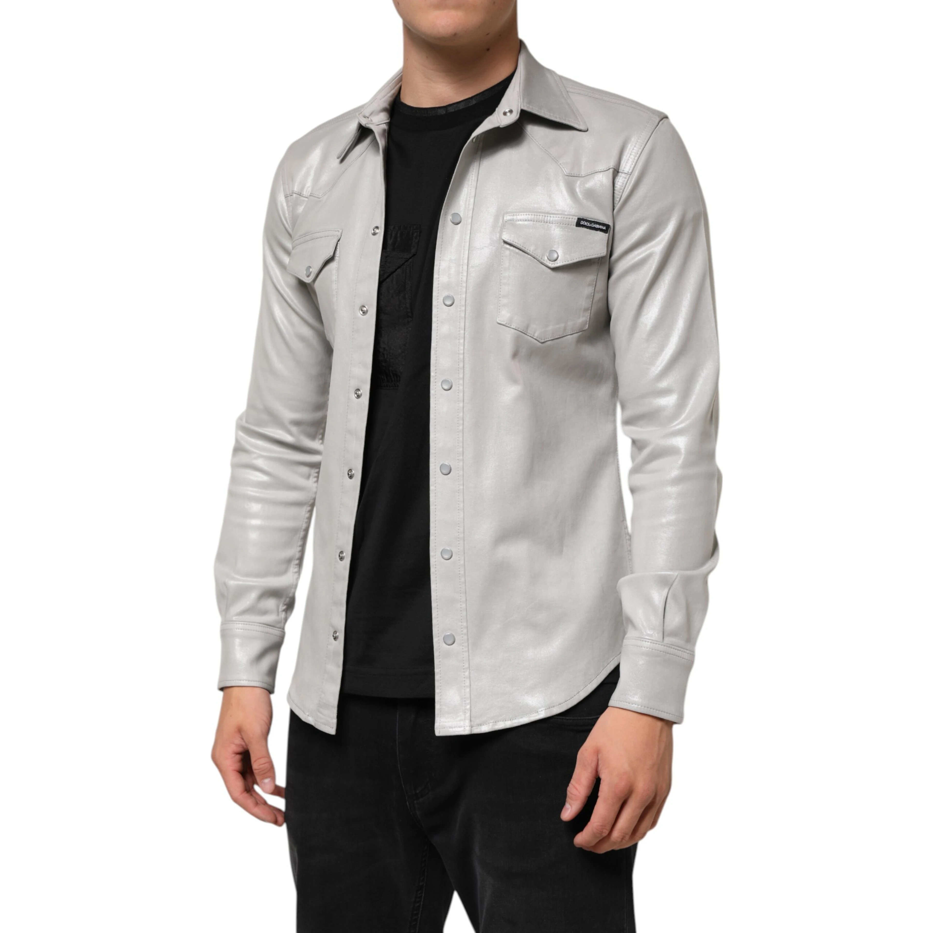 Metallic Gray Cotton Button Down Men Shirt