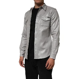 Gray Coated Cotton Snap Button Logo Men Shirt