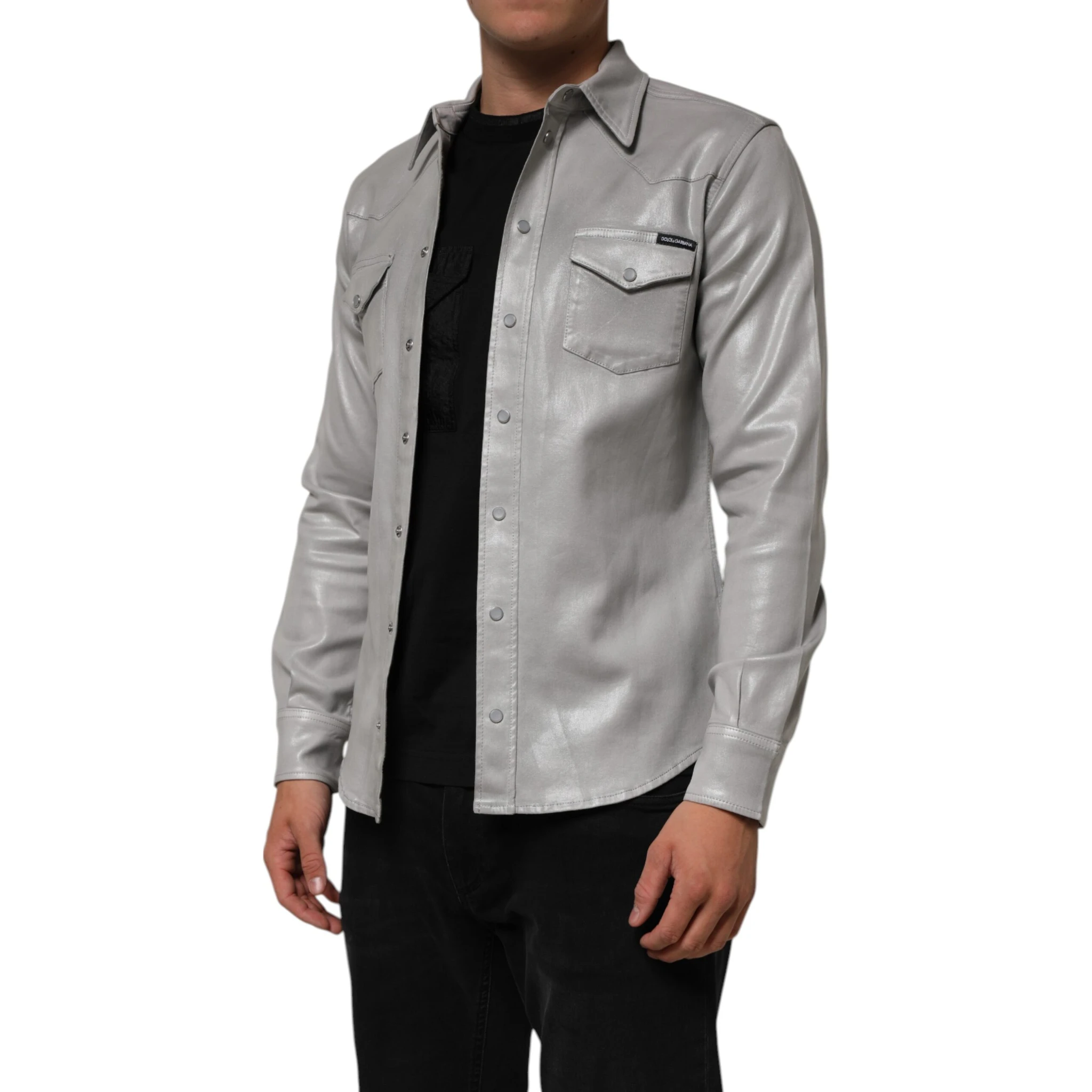 Gray Coated Cotton Snap Button Logo Men Shirt