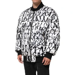 White Black Graffiti Logo Puffer Bomber Jacket