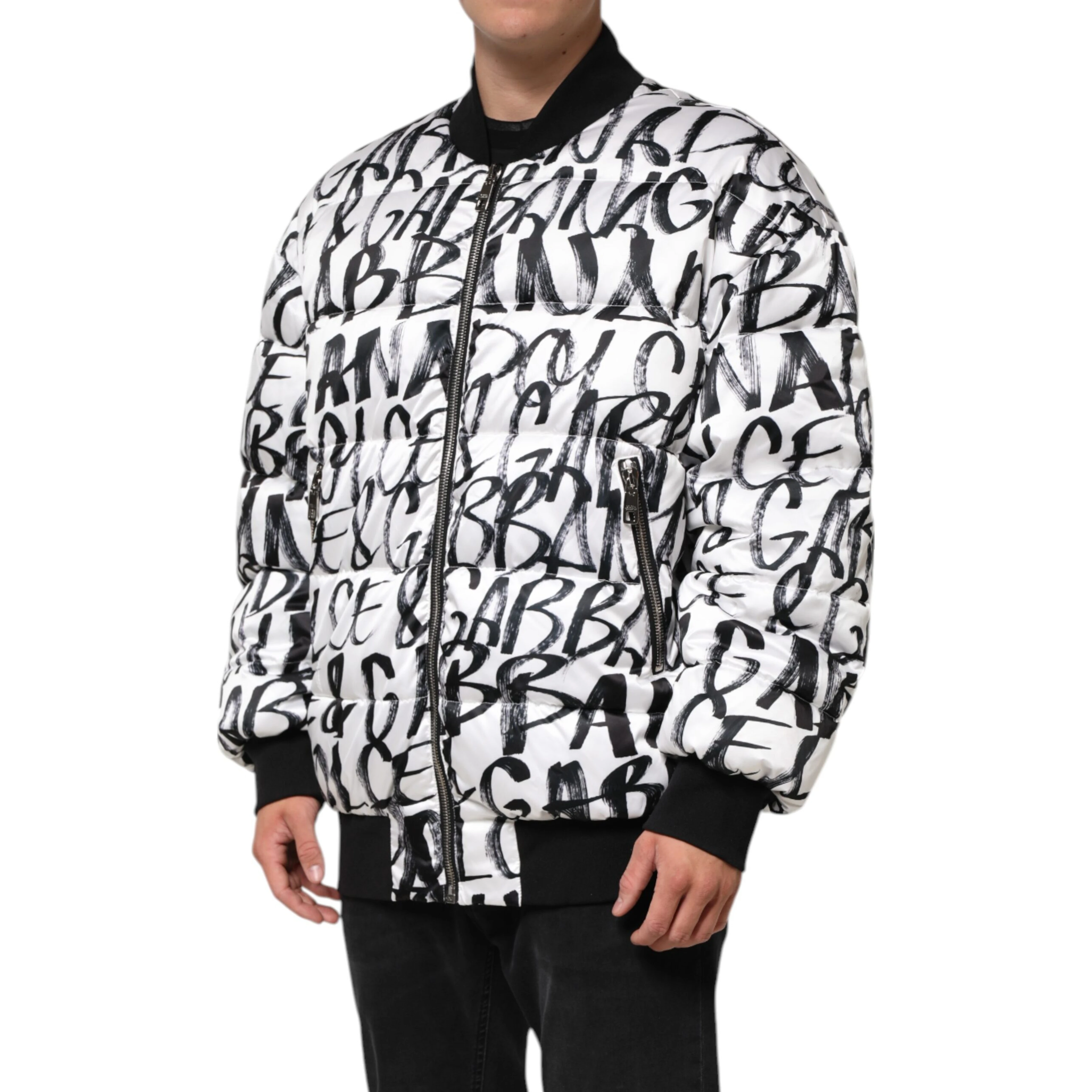 White Black Graffiti Logo Puffer Bomber Jacket