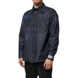 Blue Denim Button Casual Logo Patch Men Shirt