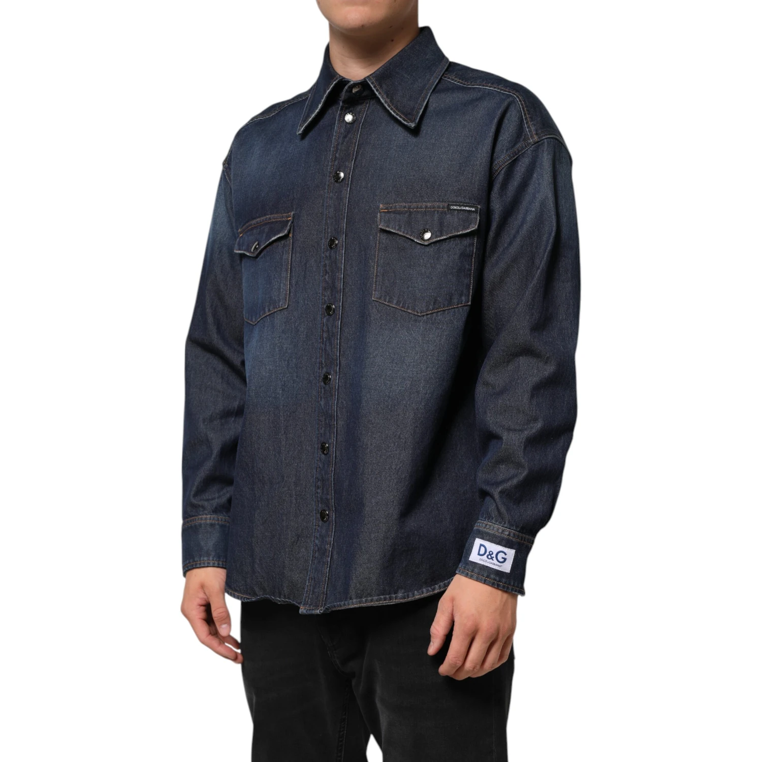 Blue Denim Button Casual Logo Patch Men Shirt