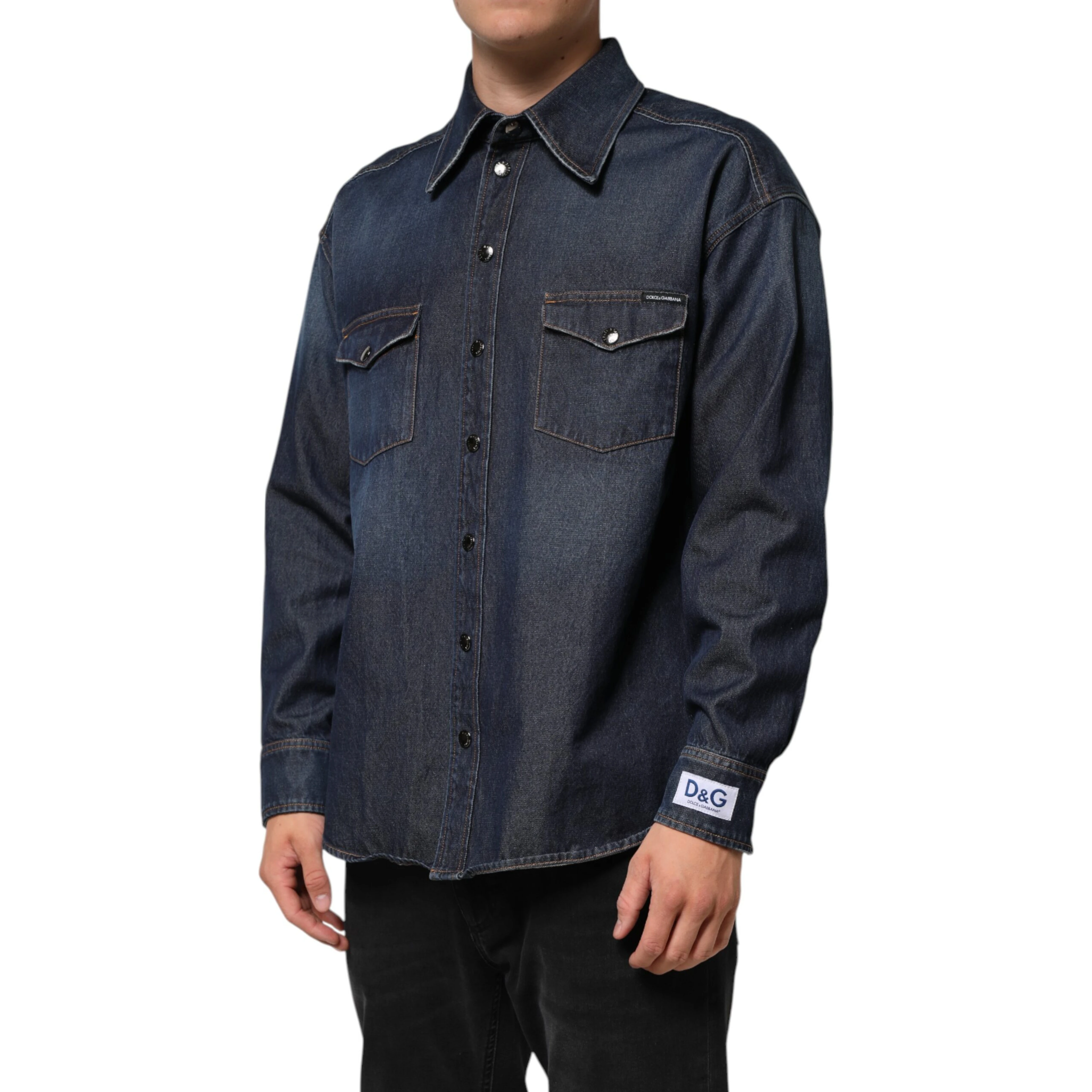 Blue Denim Button Casual Logo Patch Men Shirt