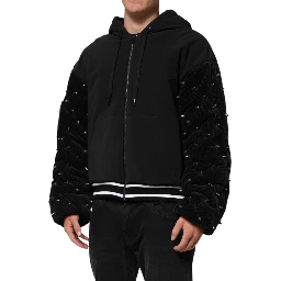 Black Cotton Quilted Studded Sleeve Hoodie Jacket