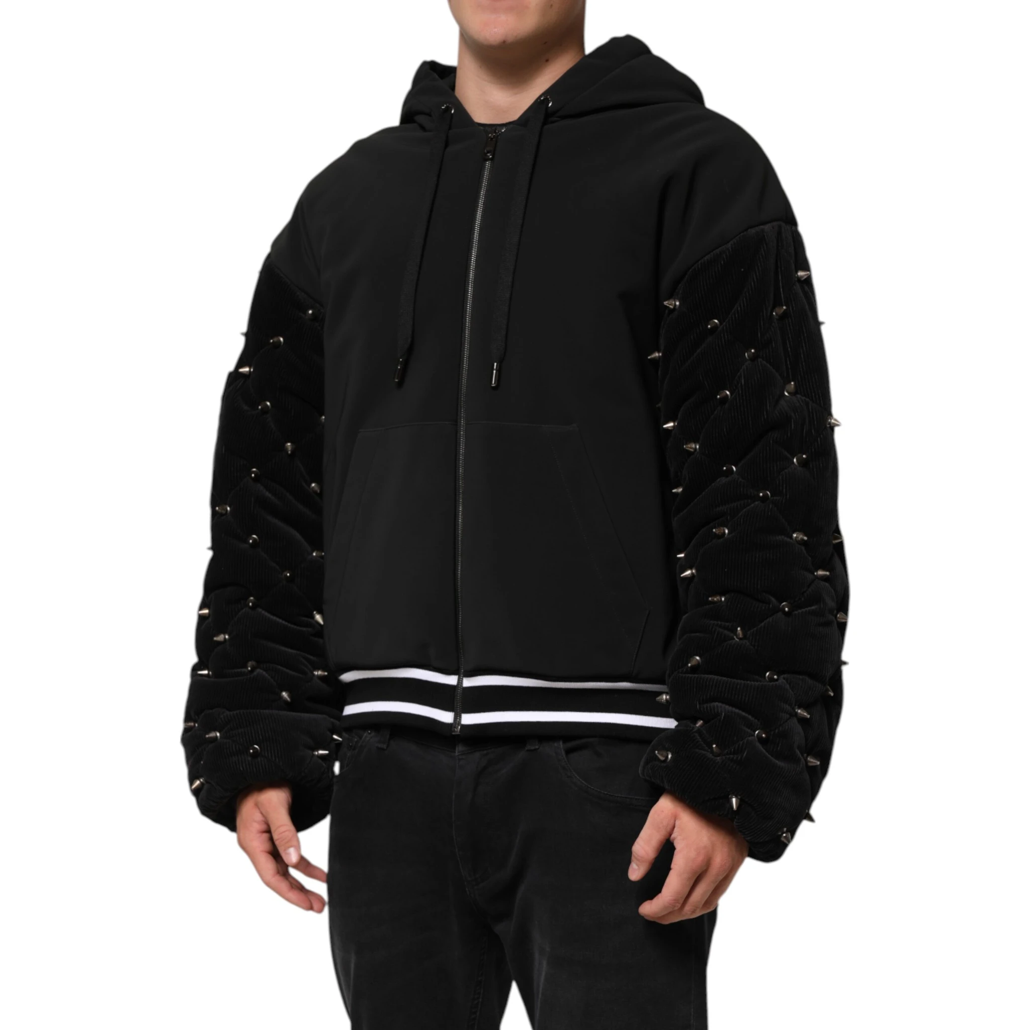 Black Cotton Quilted Studded Sleeve Hoodie Jacket