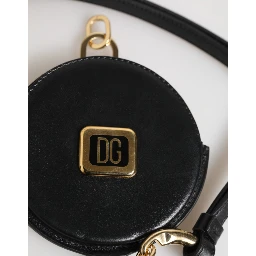 Black Round Leather DG Logo Coin Purse Lanyard Wallet