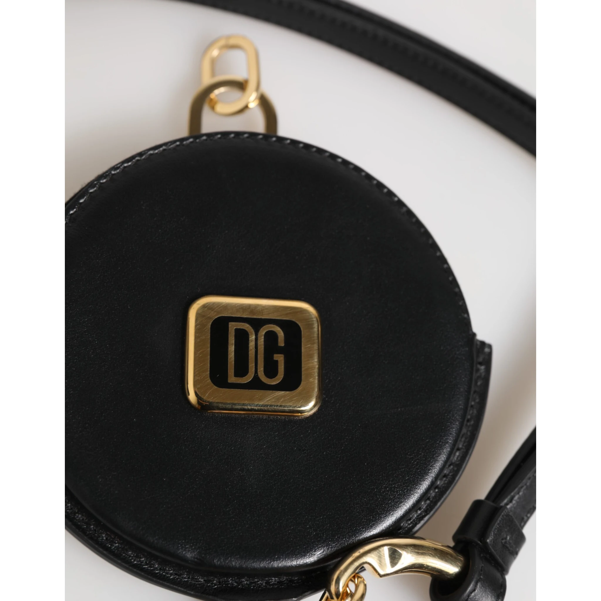 Black Round Leather DG Logo Coin Purse Lanyard Wallet