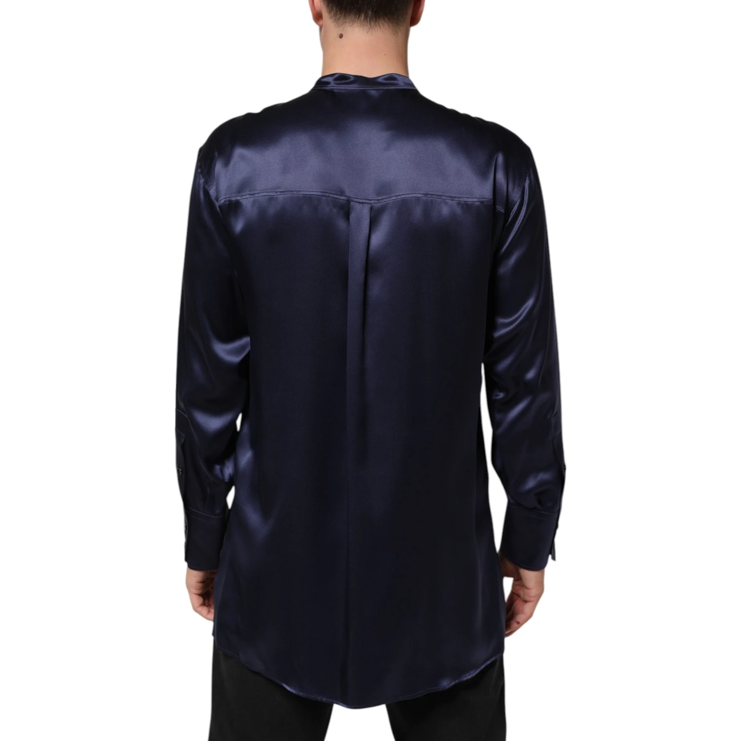 Navy Silk Long Sleeve Mandarin Collar Shirt