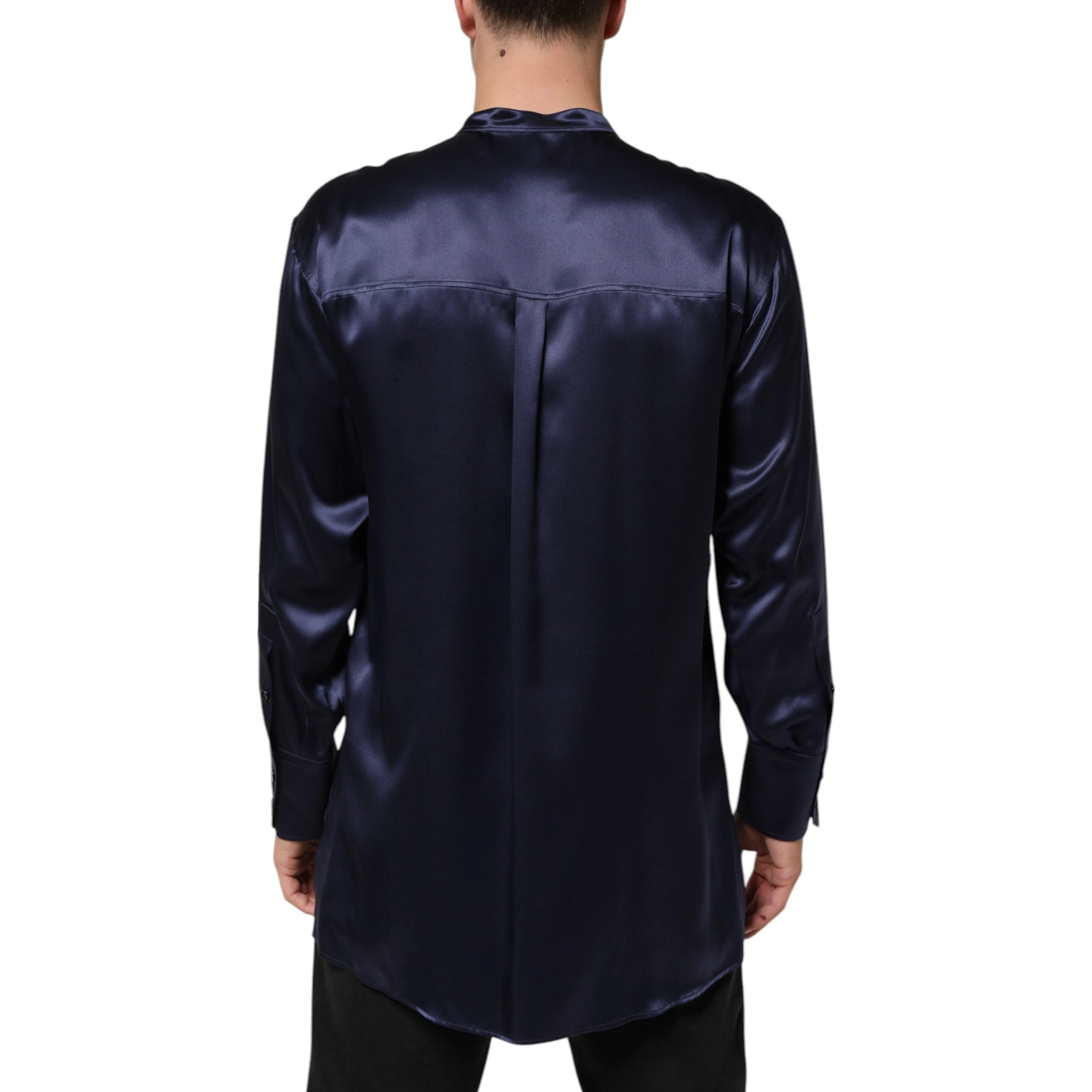 Navy Silk Long Sleeve Mandarin Collar Shirt