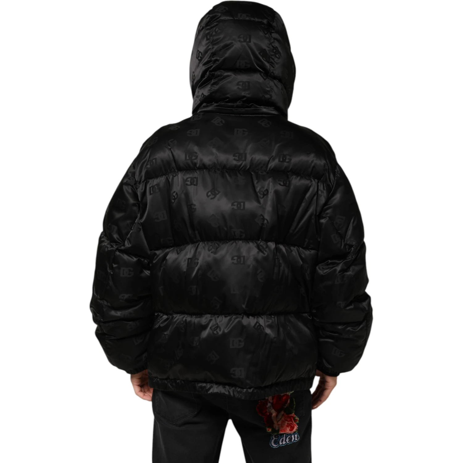 Black Monogram Logo Puffer Nylon Hooded Jacket