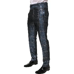 Blue Silver Shiny Silk Skinny Men Trouser Pants
