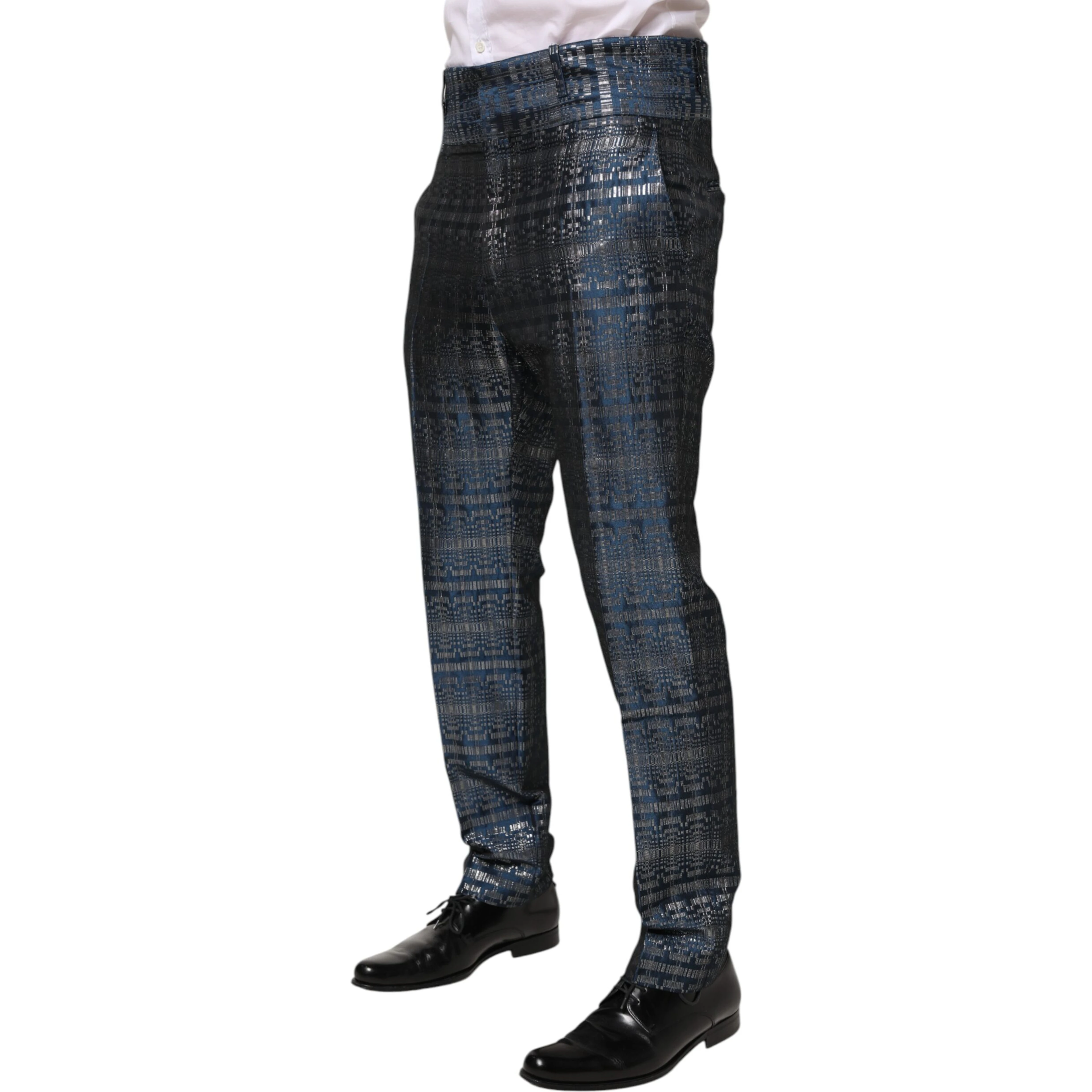 Blue Silver Shiny Silk Skinny Men Trouser Pants