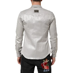 Metallic Gray Cotton Button Down Men Shirt